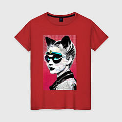 Футболка хлопковая женская Cat girl in a mask - neural network - pop art, цвет: красный