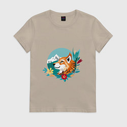 Женская футболка Лиса и горы среди цветов