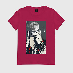 Женская футболка Волк на фоне луны - мегаполис - нейросеть