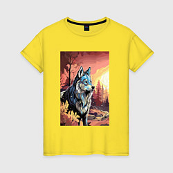 Футболка хлопковая женская Волк в осеннем лесу, цвет: желтый