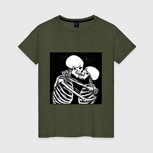 Женская футболка Kissing skeletons / Меланж-хаки – фото 1
