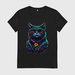 Футболка хлопковая женская Панк кот в очках, цвет: черный