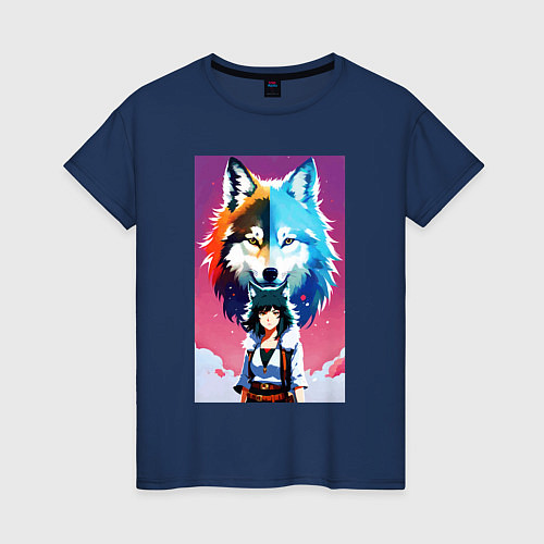 Женская футболка Cute girl and wolf - anime - neural network / Тёмно-синий – фото 1