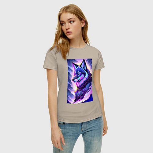 Женская футболка Светящийся волк - нейросеть - поп-арт / Миндальный – фото 3