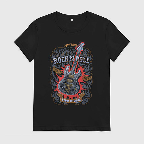 Женская футболка Рок-н-ролл с гитарой стимпанк в огне / Черный – фото 1