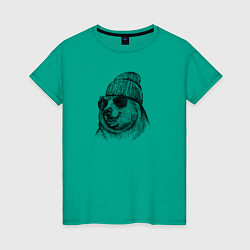 Футболка хлопковая женская Медведь в шапке, цвет: зеленый