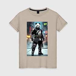 Футболка хлопковая женская Panda cyber samurai, цвет: миндальный