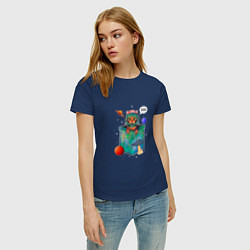Футболка хлопковая женская Кот космонавт в кармане, цвет: тёмно-синий — фото 2