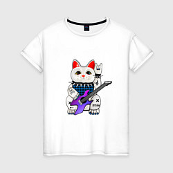 Футболка хлопковая женская Японский кот нэко с гитарой, цвет: белый