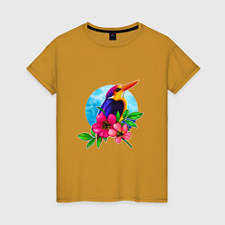 Футболка хлопковая женская Тропическая птица в цветах, цвет: горчичный