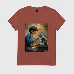 Футболка хлопковая женская Мальчик кормит рыжего кота, цвет: кирпичный