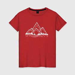 Футболка хлопковая женская Лес и горы минимализм, цвет: красный