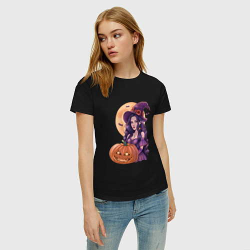 Женская футболка Хэллоуин - ведьма с тыквой / Черный – фото 3