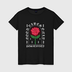 Футболка хлопковая женская Японская роза, цвет: черный