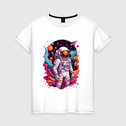 Футболка хлопковая женская Космонавт в открытом космосе среди планет, цвет: белый