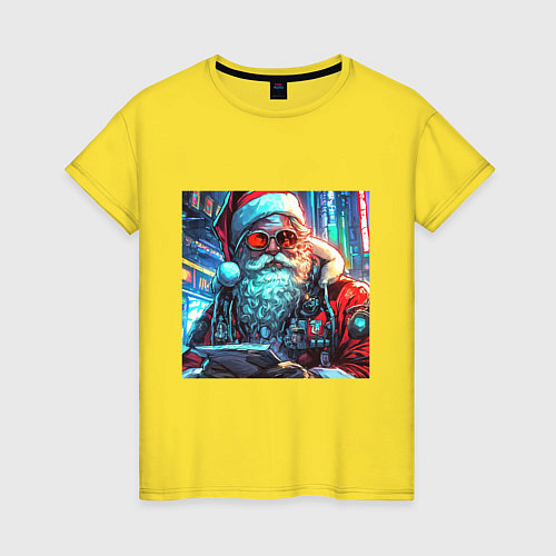 Женская футболка Стильный Санта-клаус в стиле киберпанк / Желтый – фото 1