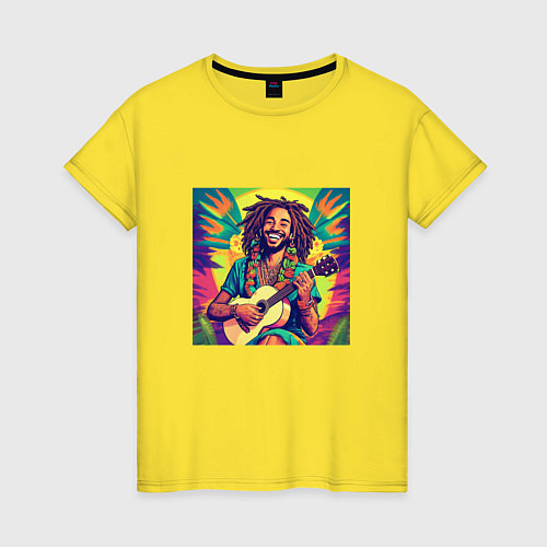Женская футболка Веселый растаман регги гитарист в стиле retrowave / Желтый – фото 1
