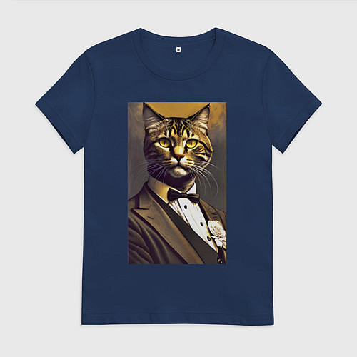 Женская футболка Крутой котяра - джентльмен - нейросеть / Тёмно-синий – фото 1