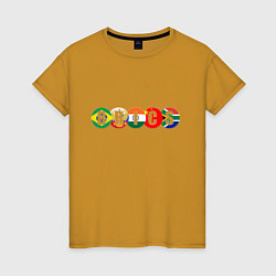 Футболка хлопковая женская Надпись: BRICS с флагами государств участников, цвет: горчичный