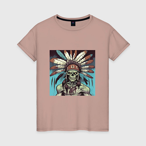 Женская футболка Индеец зомби с перьями на голове / Пыльно-розовый – фото 1