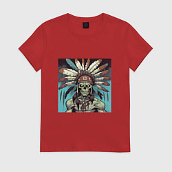 Футболка хлопковая женская Индеец зомби с перьями на голове, цвет: красный