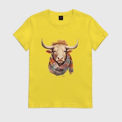 Футболка хлопковая женская Бык в шарфе осень, цвет: желтый