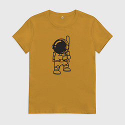 Футболка хлопковая женская Космонавт с бейсбольной битой, цвет: горчичный