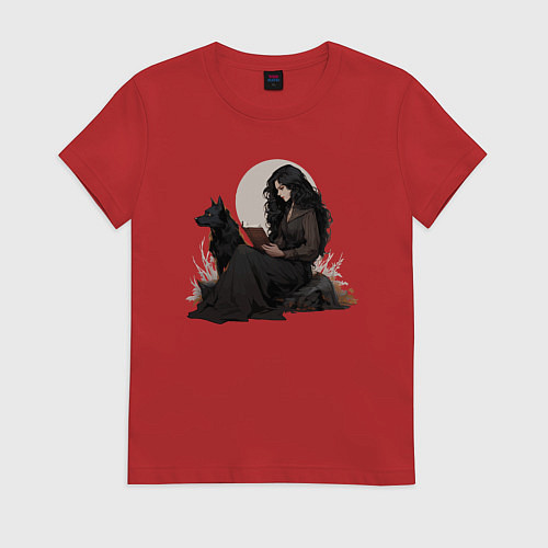 Женская футболка Фентези девушка с волком читает книгу / Красный – фото 1