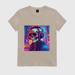Футболка хлопковая женская Скелет в темных очках, цвет: миндальный