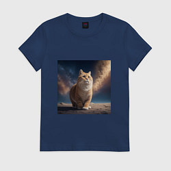 Футболка хлопковая женская Большой кот в космосе, цвет: тёмно-синий