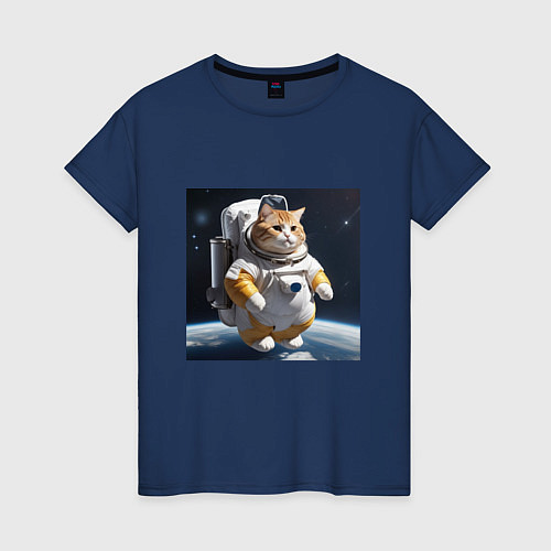 Женская футболка Толстый котик астронавт / Тёмно-синий – фото 1