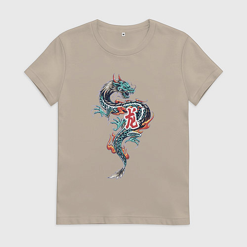 Женская футболка Китайский дракон с иероглифами / Миндальный – фото 1