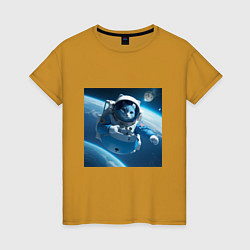 Футболка хлопковая женская Голубой котик космонавт, цвет: горчичный
