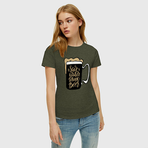 Женская футболка Пей пиво береги воду / Меланж-хаки – фото 3
