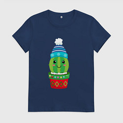 Футболка хлопковая женская Новогодний кактус, цвет: тёмно-синий