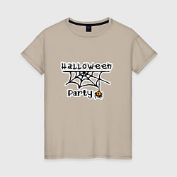 Футболка хлопковая женская Halloween party паук с паутиной хэллоуин, цвет: миндальный