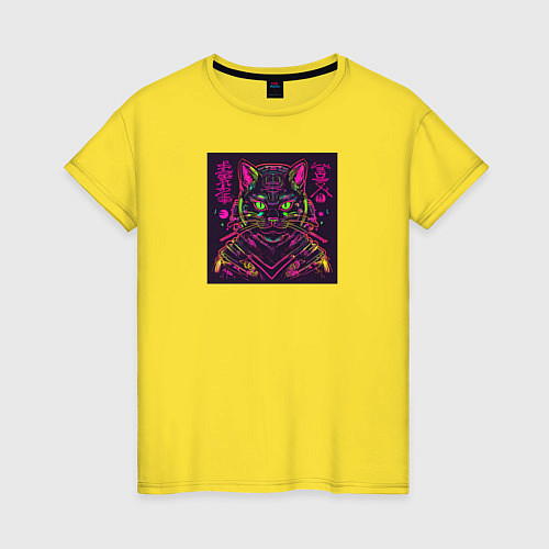 Женская футболка Неоновый кот самурай / Желтый – фото 1