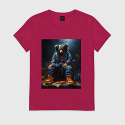 Футболка хлопковая женская Медведь во вселенной киберпанк, цвет: маджента