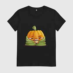 Футболка хлопковая женская Грустная тыква, цвет: черный