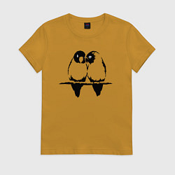 Футболка хлопковая женская Пара попугаев трафарет, цвет: горчичный
