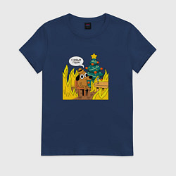 Футболка хлопковая женская 2024 - this is fine, цвет: тёмно-синий