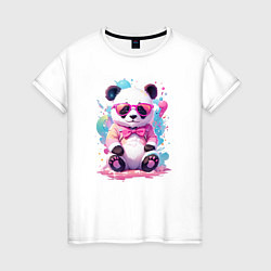 Футболка хлопковая женская Милая панда в розовых очках и бантике, цвет: белый