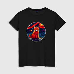 Футболка хлопковая женская Рыжий кот на фоне космического неба, цвет: черный
