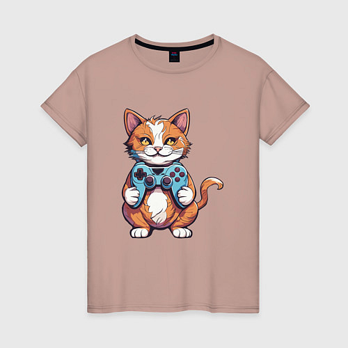 Женская футболка Рыжий кот геймер / Пыльно-розовый – фото 1