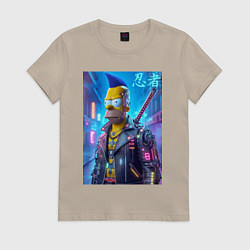 Футболка хлопковая женская Cyber ninja Homer Simpson - ai art, цвет: миндальный