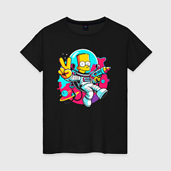 Футболка хлопковая женская Барт Симпсон в космосе с лазерным пистолетом, цвет: черный