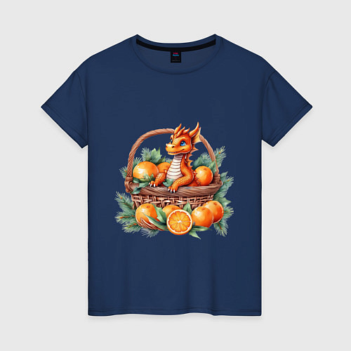 Женская футболка Оранжевый дракон 2024 как мандарин в корзинке / Тёмно-синий – фото 1