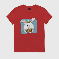 Футболка хлопковая женская Заяц с подарком, цвет: красный