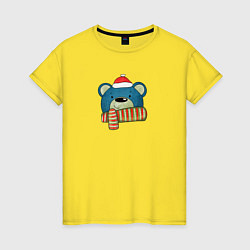 Футболка хлопковая женская Медведь в шапке ишарфе, цвет: желтый