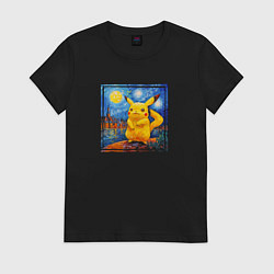 Футболка хлопковая женская Пикачу звёздной ночью Ван Гога, цвет: черный